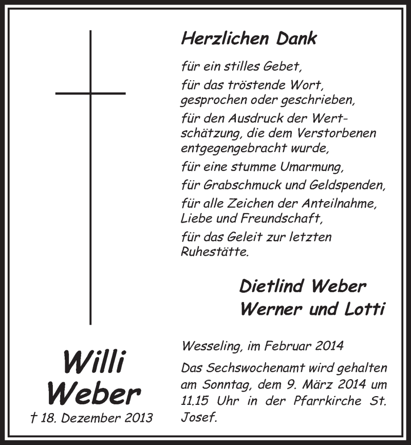  Traueranzeige für Willi Weber vom 26.02.2014 aus  Schlossbote/Werbekurier 