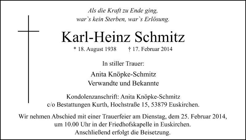  Traueranzeige für Karl-Heinz Schmitz vom 23.02.2014 aus  Blickpunkt Euskirchen 
