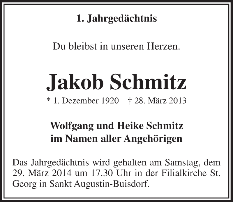  Traueranzeige für Jakob Schmitz vom 19.03.2014 aus  Extra Blatt 