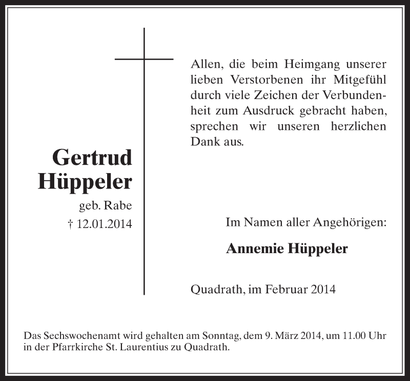  Traueranzeige für Gertrud Hüppeler vom 05.03.2014 aus  Werbepost 