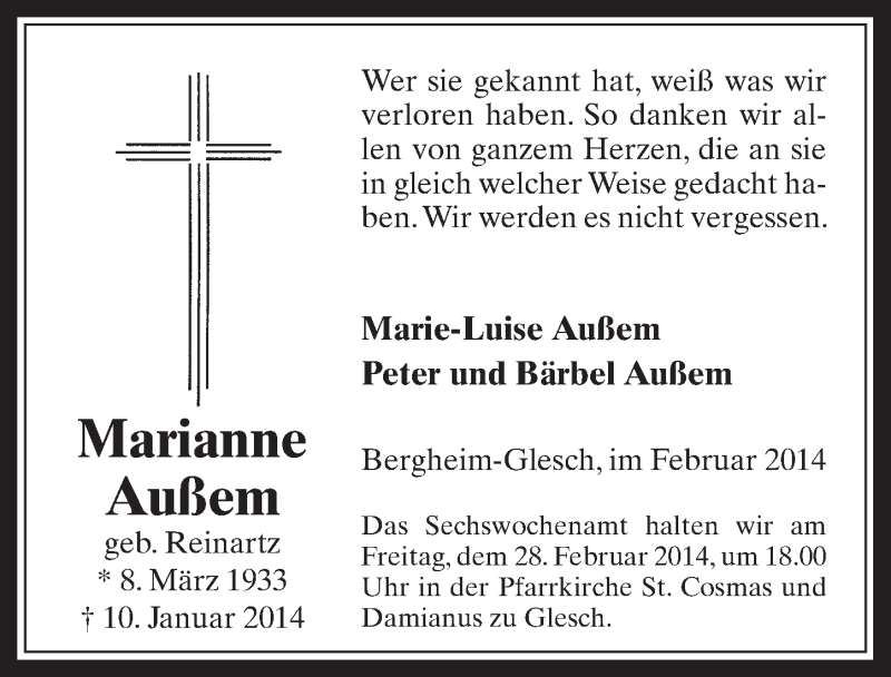  Traueranzeige für Marianne Außem vom 26.02.2014 aus  Werbepost 
