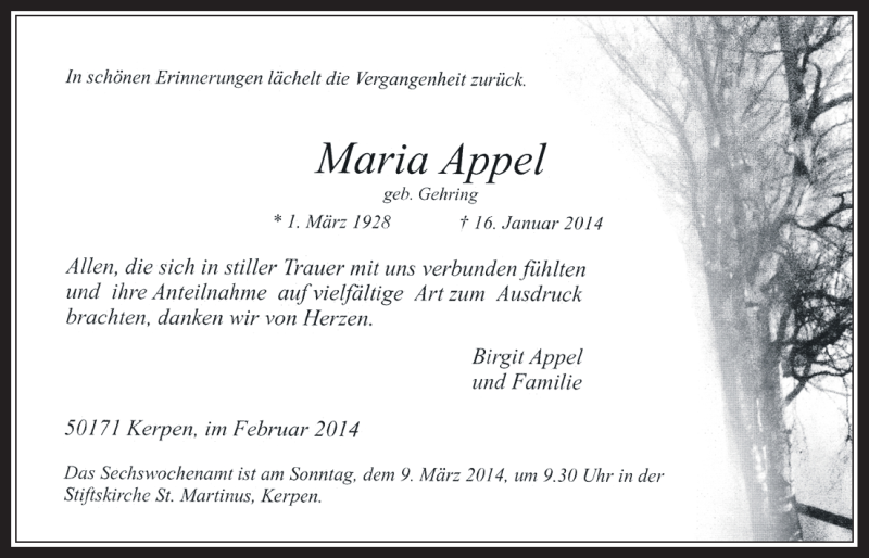  Traueranzeige für Maria Appel vom 26.02.2014 aus  Werbepost 
