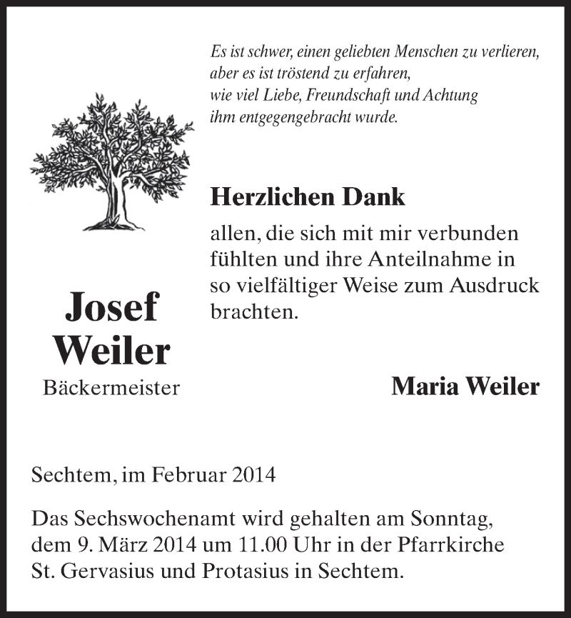  Traueranzeige für Josef Weiler vom 26.02.2014 aus  Schlossbote/Werbekurier 
