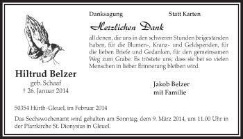 Anzeige von Hiltrud Belzer von  Sonntags-Post 