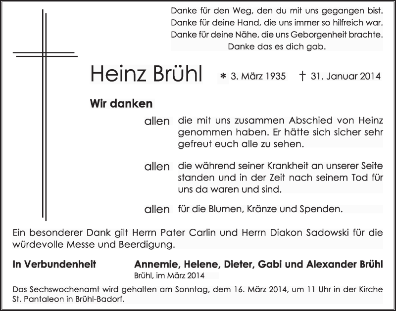  Traueranzeige für Heinz Brühl vom 05.03.2014 aus  Schlossbote/Werbekurier 