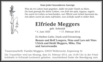Anzeige von Elfriede Meggers von  Sonntags-Post 