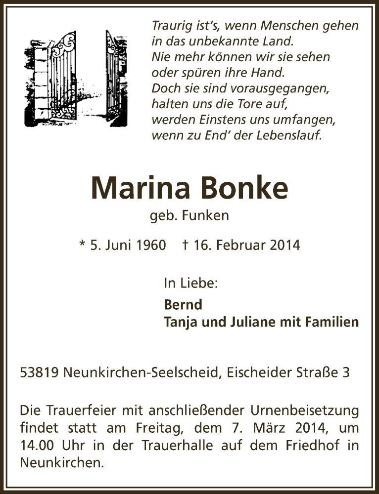  Traueranzeige für Marina Bonke vom 26.02.2014 aus  Extra Blatt 