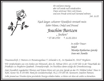 Anzeige von Joachim Bartzen von  Sonntags-Post 