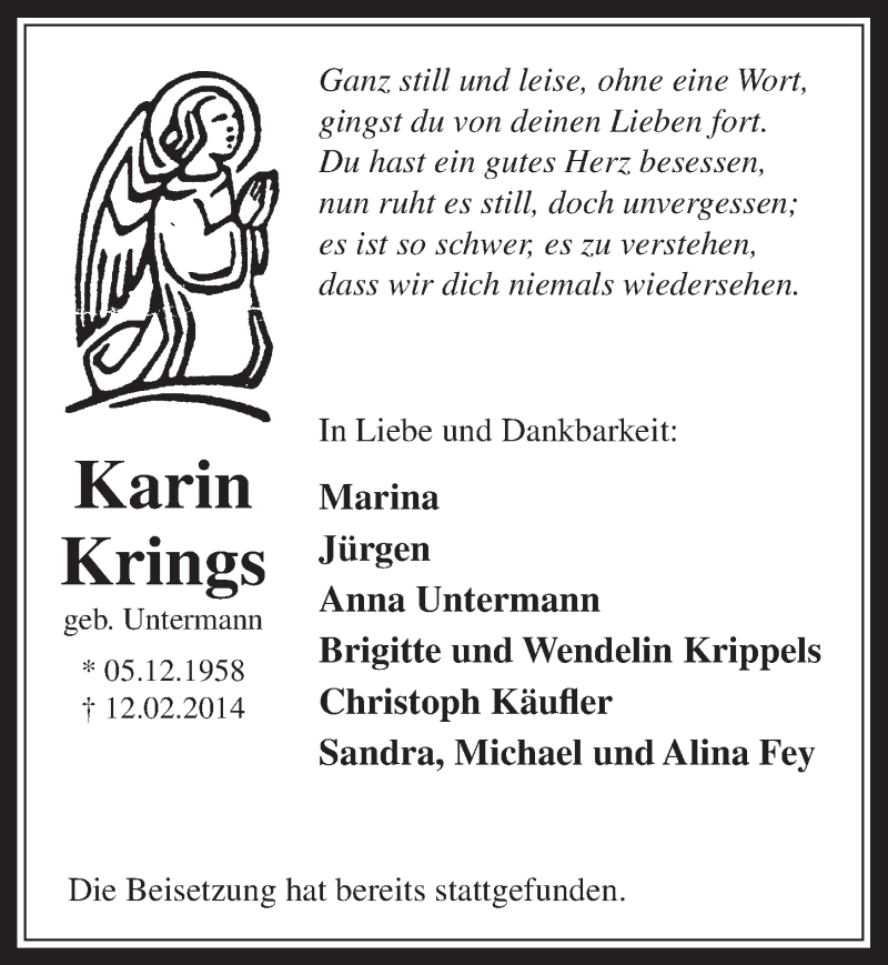  Traueranzeige für Karin Krings vom 26.02.2014 aus  Werbepost 