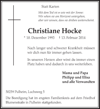 Anzeige von Christiane Hocke von  Sonntags-Post 