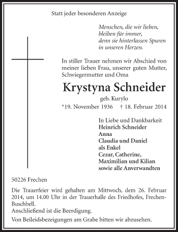 Anzeige von Krystyna Schneider von  Sonntags-Post 