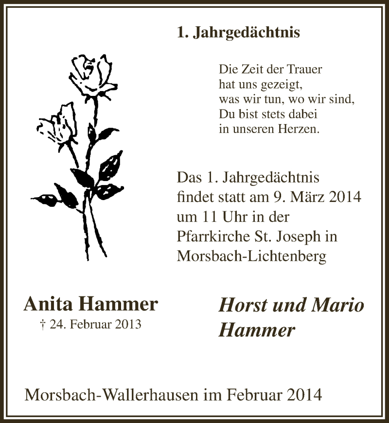  Traueranzeige für Anita Hammer vom 26.02.2014 aus  Lokalanzeiger 