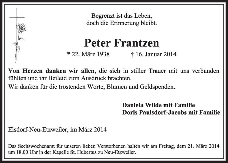  Traueranzeige für Peter Frantzen vom 22.02.2014 aus  Sonntags-Post 