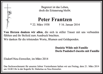 Anzeige von Peter Frantzen von  Sonntags-Post 
