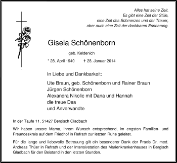 Anzeige von Gisela Schönenborn von  Bergisches Handelsblatt 