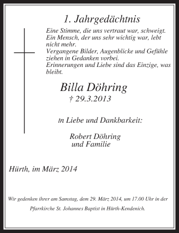 Anzeige von Billa Döhring von  Wochenende 
