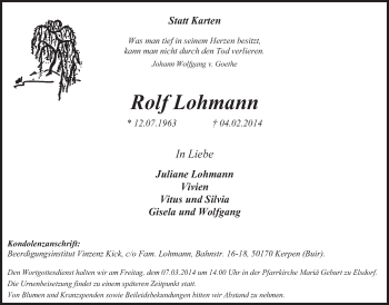 Anzeige von Rolf Lohmann von  Werbepost 