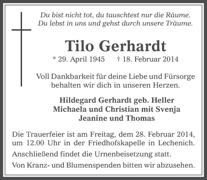  Traueranzeige für Tilo Gerhardt vom 26.02.2014 aus  Werbepost 