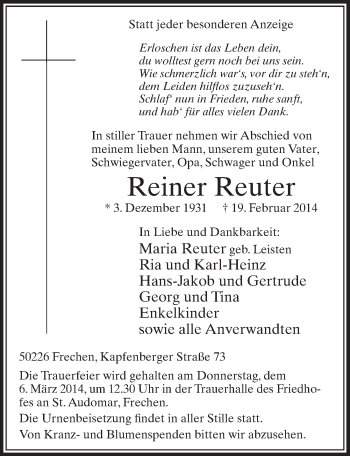Anzeige von Reiner Reuter von  Sonntags-Post 