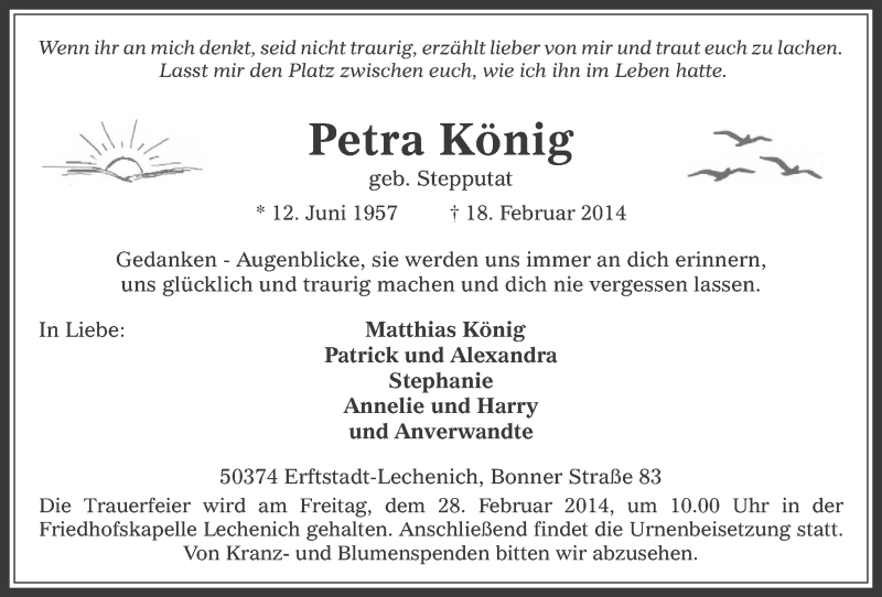  Traueranzeige für Petra König vom 26.02.2014 aus  Werbepost 