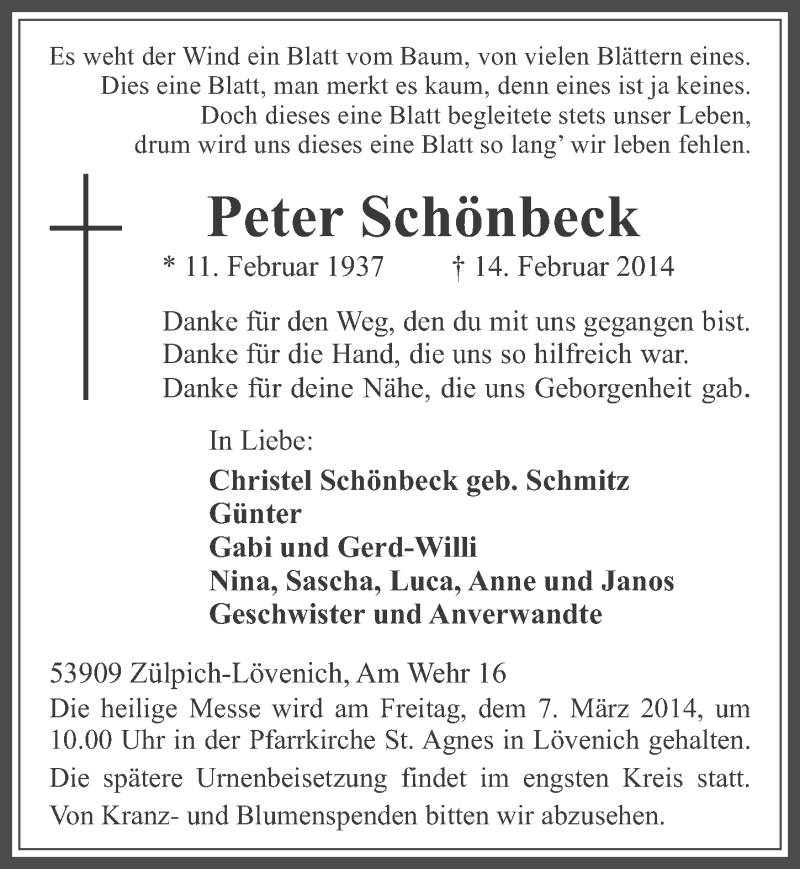  Traueranzeige für Peter Schönbeck vom 26.02.2014 aus  Werbepost 