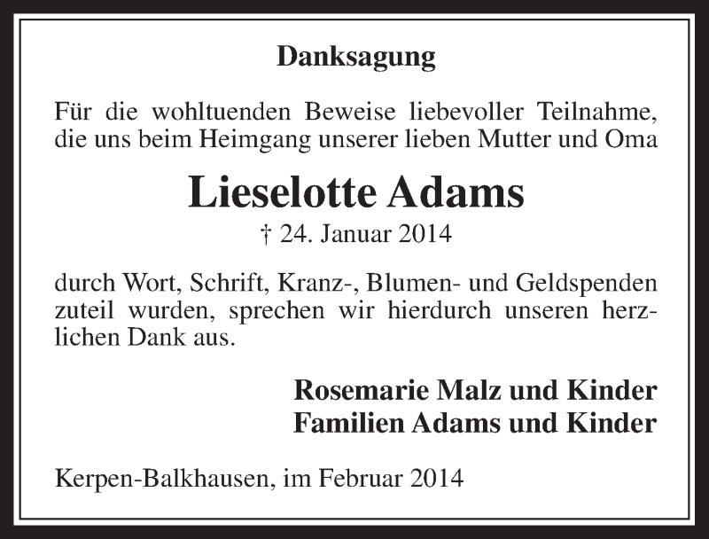  Traueranzeige für Lieselotte Adams vom 26.02.2014 aus  Werbepost 