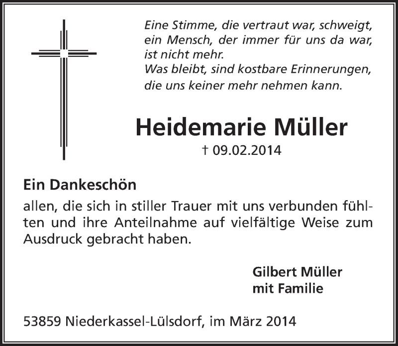  Traueranzeige für Heidemarie Müller vom 12.03.2014 aus  Extra Blatt 