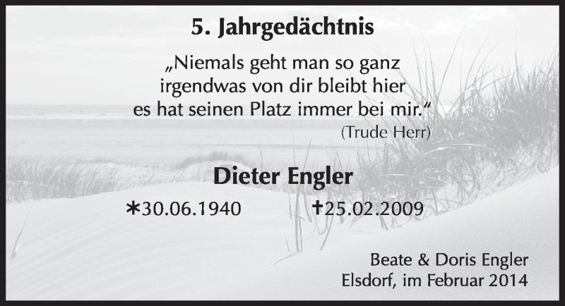  Traueranzeige für Dieter Engler vom 26.02.2014 aus  Werbepost 