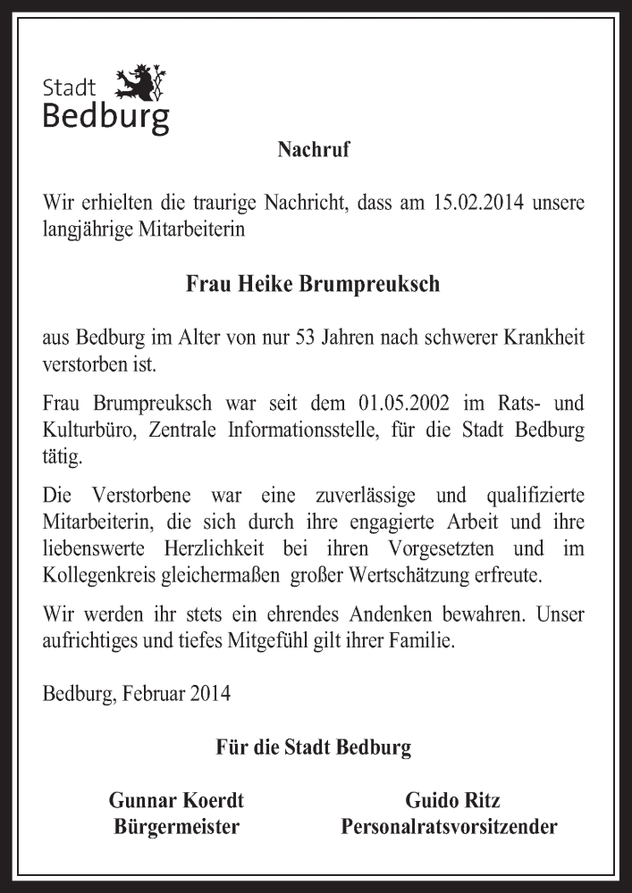  Traueranzeige für Heike Brumpreuksch vom 26.02.2014 aus  Werbepost 