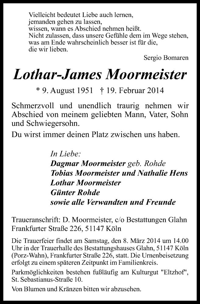  Traueranzeige für Lothar-James Moormeister vom 26.02.2014 aus  Kölner Wochenspiegel 