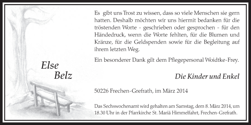  Traueranzeige für Else Belz vom 01.03.2014 aus  Sonntags-Post 