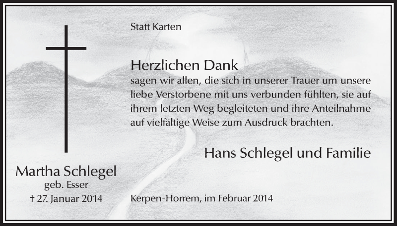  Traueranzeige für Martha Schlegel vom 26.02.2014 aus  Werbepost 