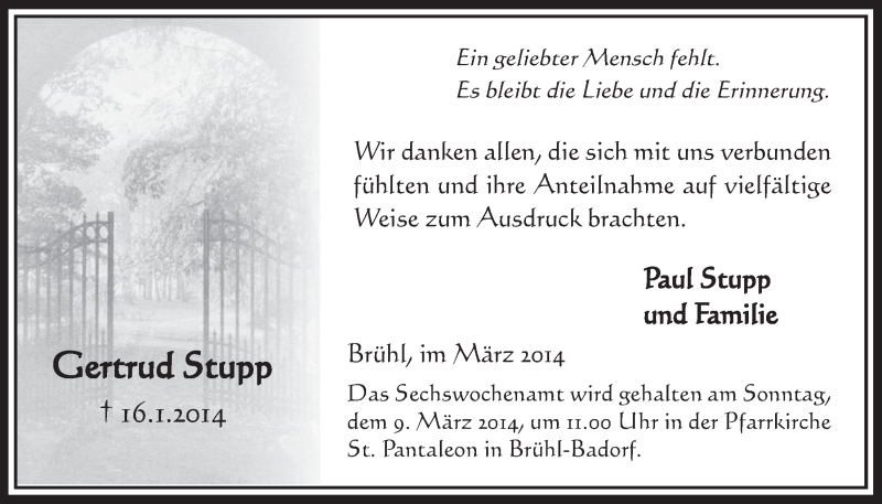  Traueranzeige für Gertrud Stupp vom 05.03.2014 aus  Schlossbote/Werbekurier 