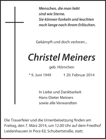 Anzeige von Christel Meiners von  Kölner Wochenspiegel 