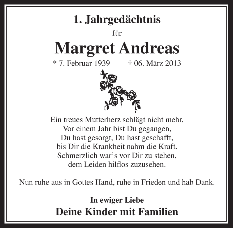  Traueranzeige für Margret Andreas vom 26.02.2014 aus  Wochenende 