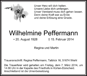Anzeige von Wilhelmine Peffermann von  Bergisches Handelsblatt 