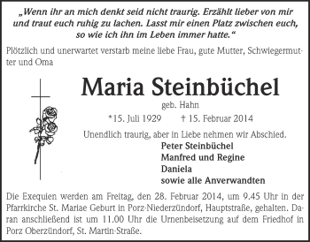 Anzeige von Maria Steinbüchel von  Kölner Wochenspiegel 