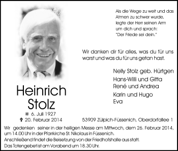 Anzeige von Heinrich Stolz von  Blickpunkt Euskirchen 