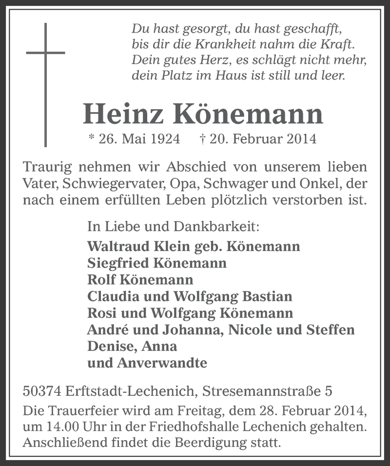  Traueranzeige für Heinz Könemann vom 26.02.2014 aus  Werbepost 
