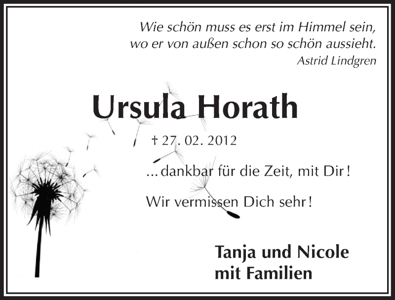  Traueranzeige für Ursula Horath vom 26.02.2014 aus  Lokalanzeiger 