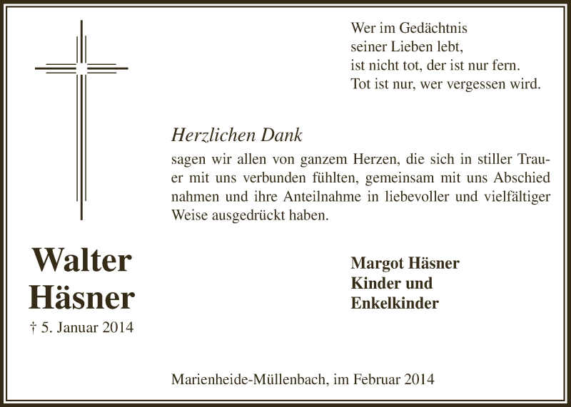  Traueranzeige für Walter Häsner vom 26.02.2014 aus  Anzeigen Echo 