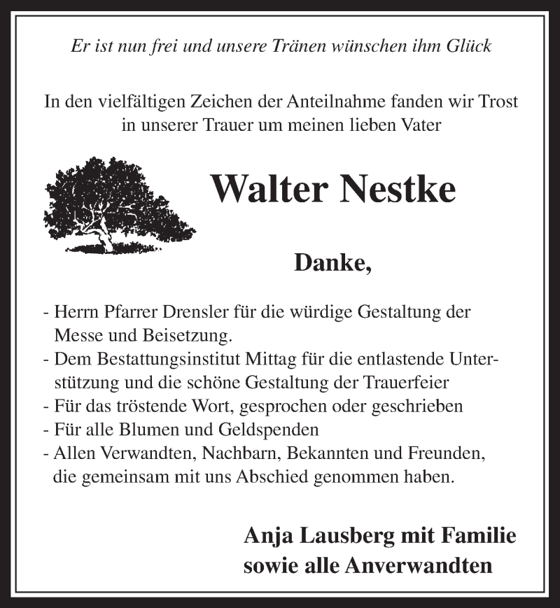  Traueranzeige für Walter Nestke vom 26.02.2014 aus  Werbepost 