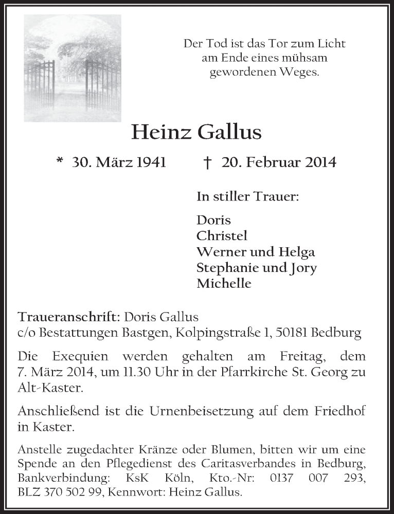  Traueranzeige für Heinz Gallus vom 05.03.2014 aus  Werbepost 