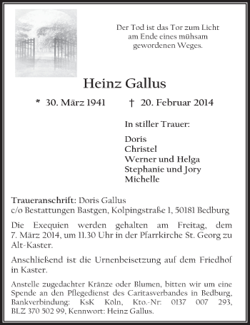 Anzeige von Heinz Gallus von  Werbepost 