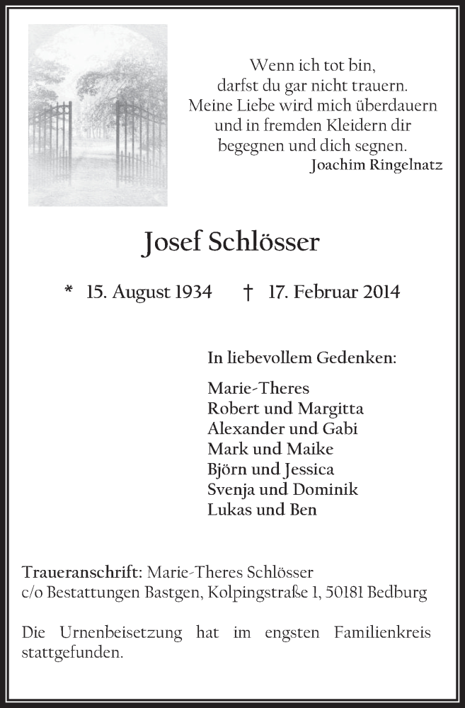  Traueranzeige für Josef Schlösser vom 12.03.2014 aus  Werbepost 