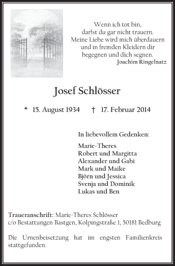 Anzeige von Josef Schlösser von  Werbepost 