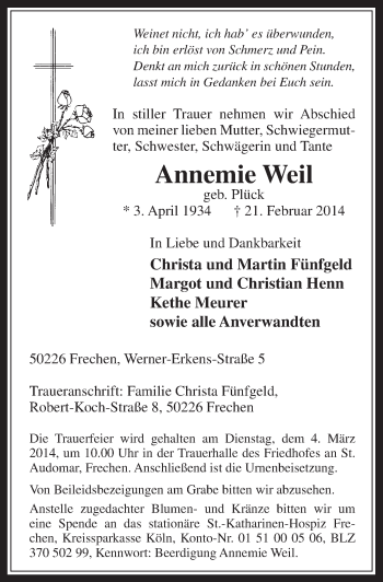 Anzeige von Annemie Weil von  Wochenende 