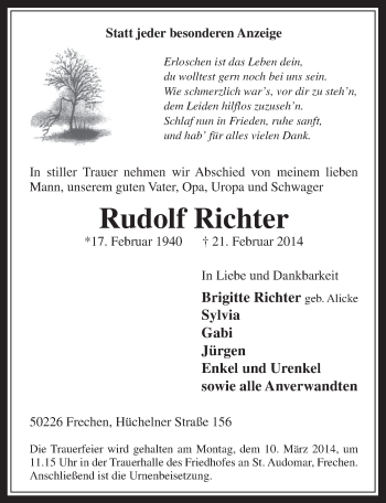 Anzeige von Rudolf Richter von  Wochenende 
