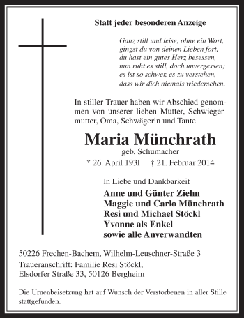 Anzeige von Maria Münchrath von  Wochenende 