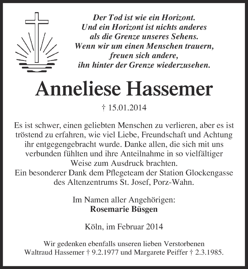  Traueranzeige für Anneliese Hassemer vom 26.02.2014 aus  Kölner Wochenspiegel 